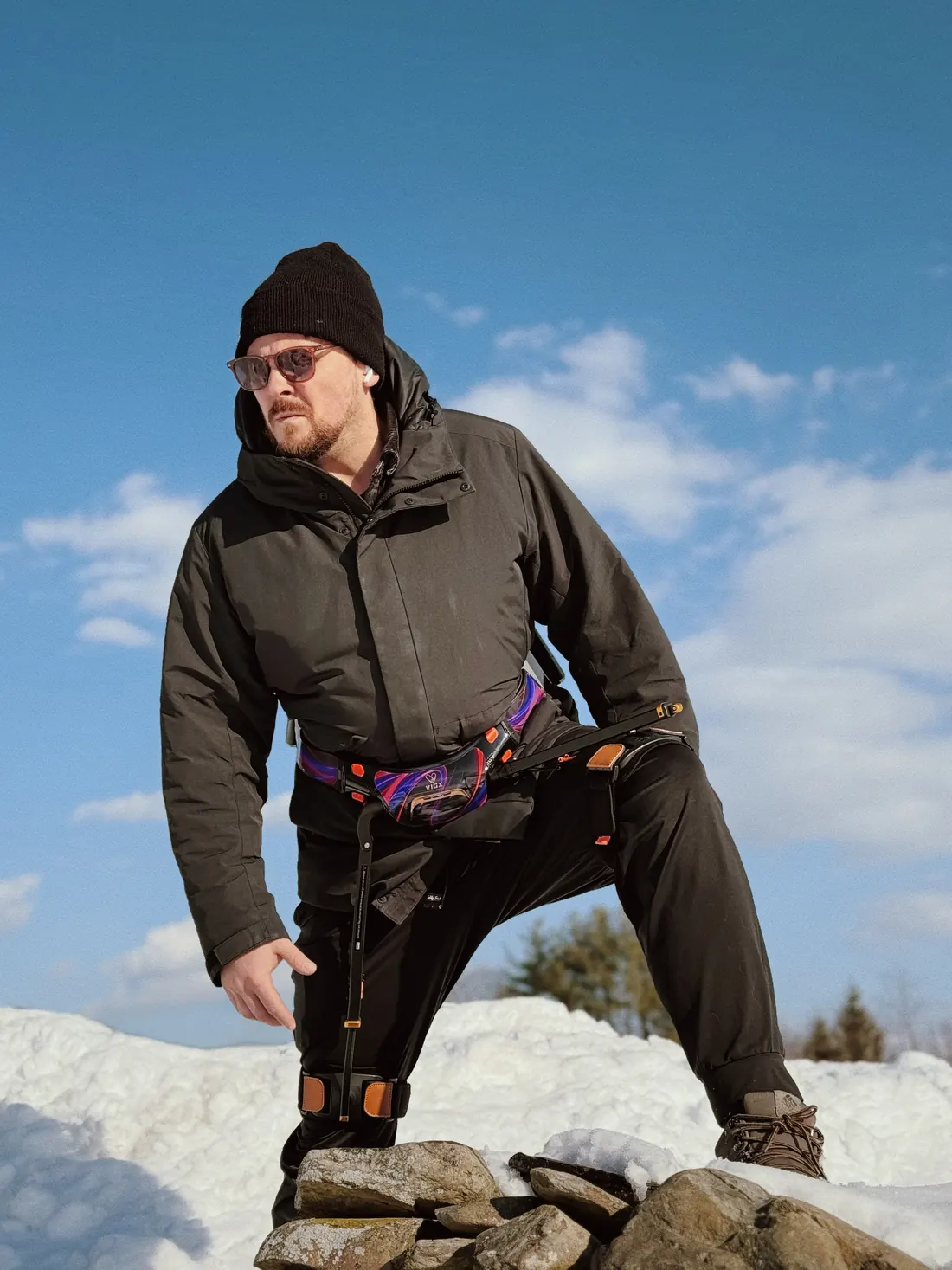 smart wearable mobility support rental used by a hiker on a steep Australian mountain trail