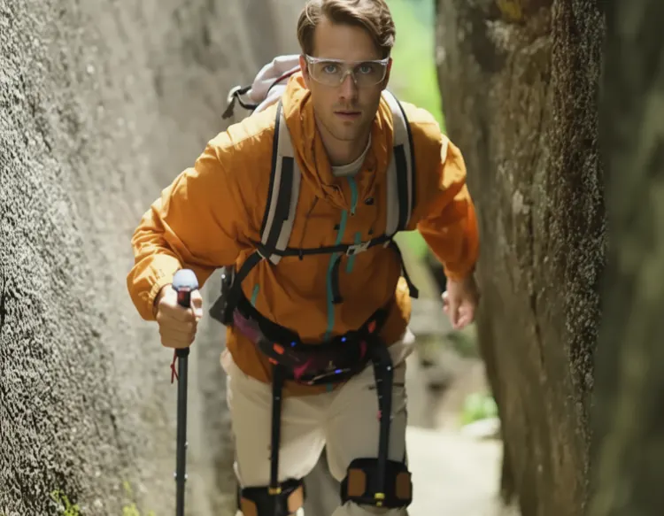 Exo Motion exoskeleton user hiking outdoors