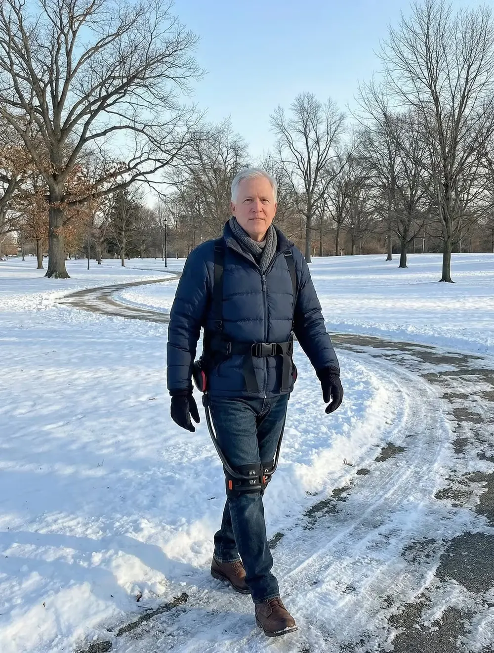 Exoskeleton rental user hiking uphill with assisted leg support